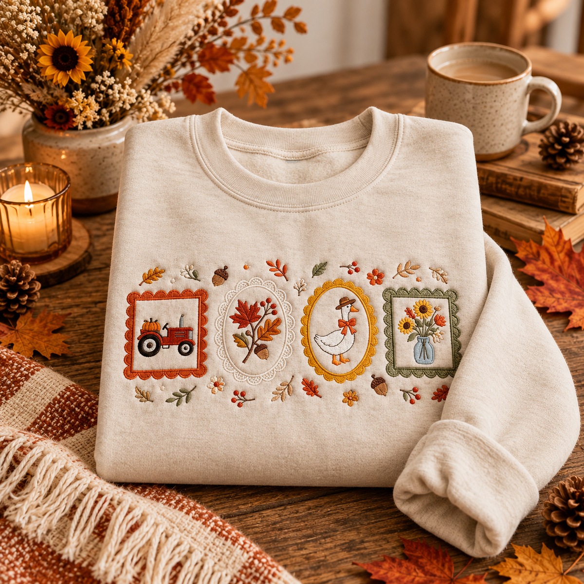Autumn Harvest Embroidered Sweatshirt & Hoodie – Farmhouse Fall Graphic Crewneck Pullover, Pumpkin Tractor, Duck & Floral Design, Cozy Thanksgiving Gift for Women