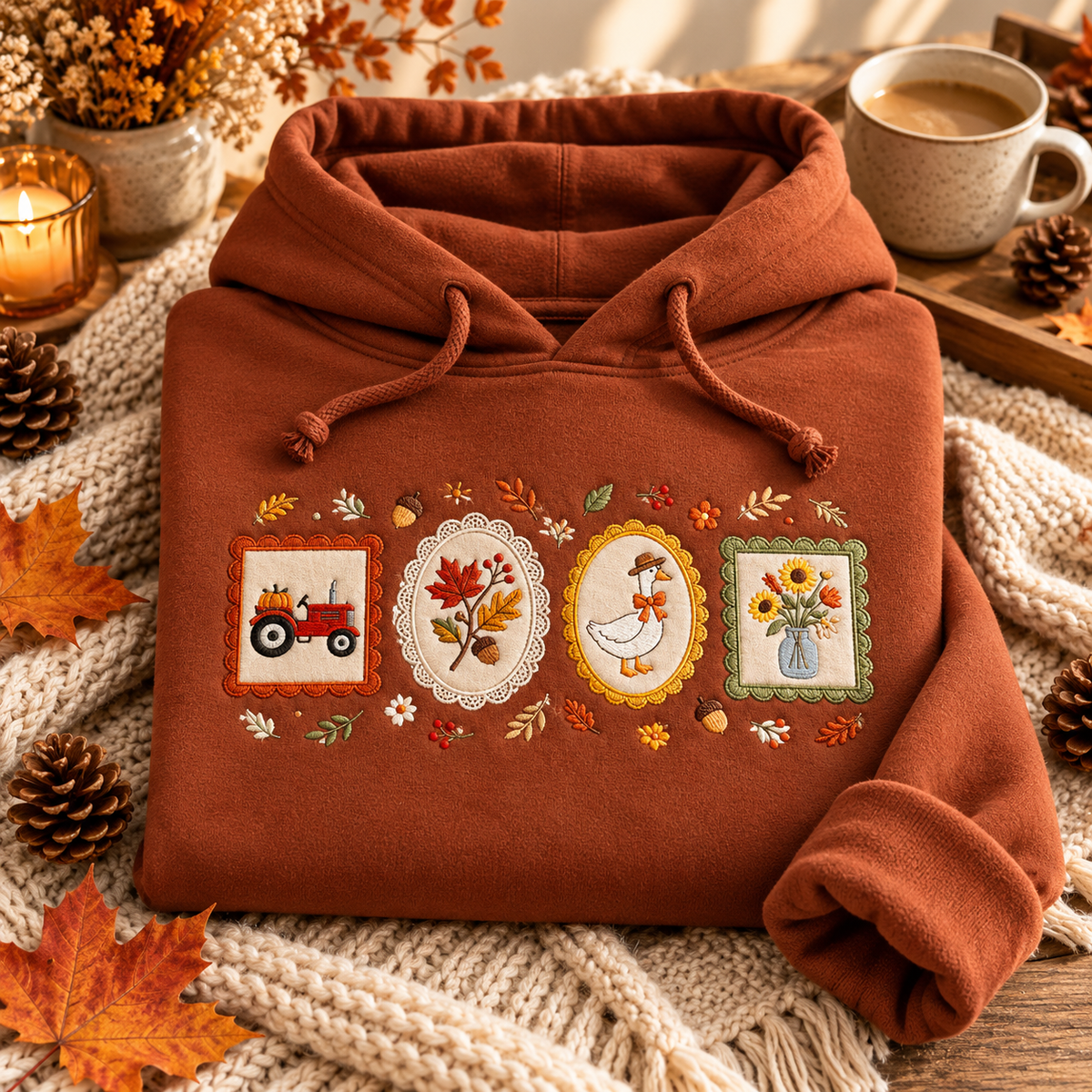 Autumn Harvest Embroidered Sweatshirt & Hoodie – Farmhouse Fall Graphic Crewneck Pullover, Pumpkin Tractor, Duck & Floral Design, Cozy Thanksgiving Gift for Women