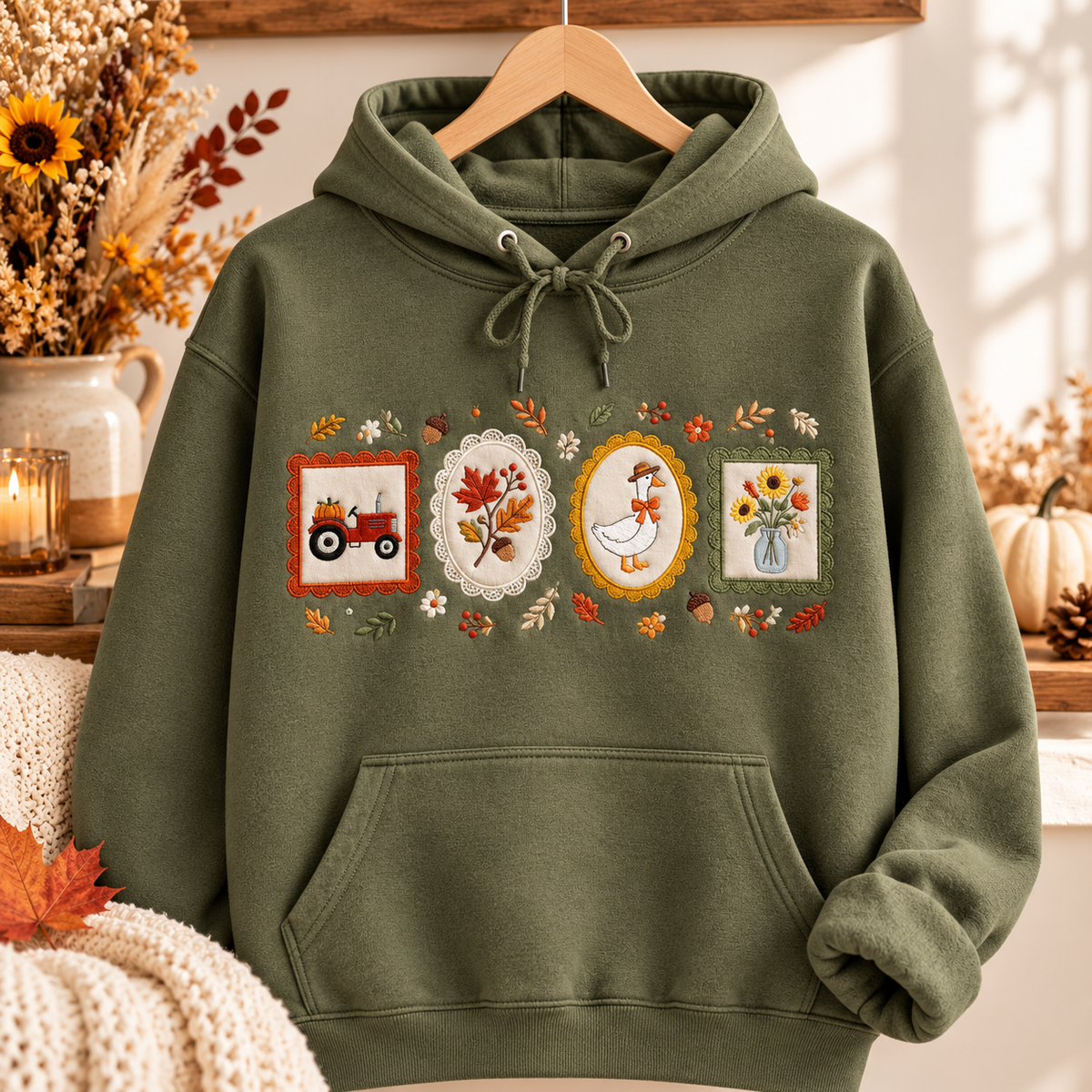 Autumn Harvest Embroidered Sweatshirt & Hoodie – Farmhouse Fall Graphic Crewneck Pullover, Pumpkin Tractor, Duck & Floral Design, Cozy Thanksgiving Gift for Women