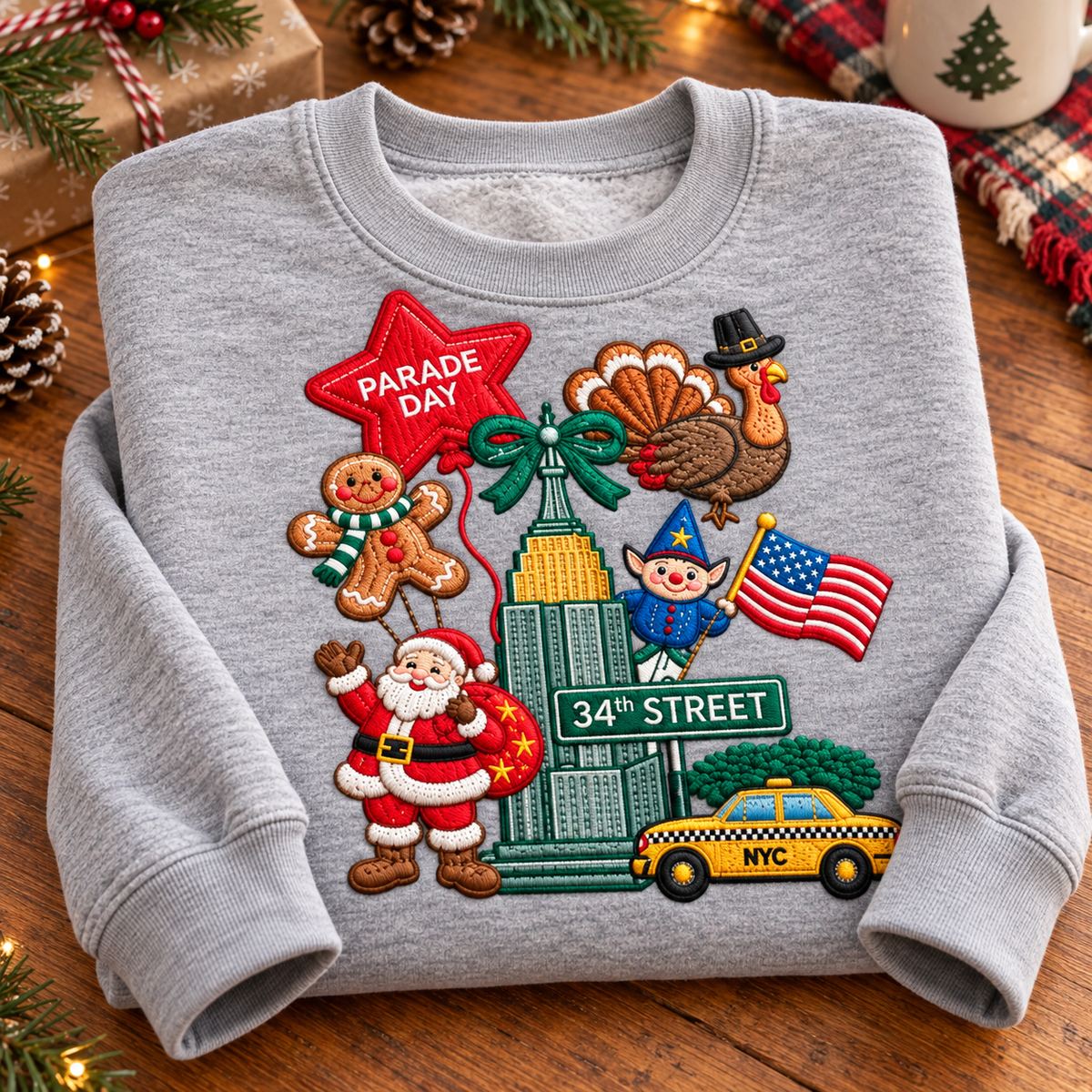 Thanksgiving Parade Embroidered Sweatshirt & Hoodie – NYC Christmas Graphic Crewneck Pullover, Santa Claus, Turkey, Gingerbread Man & American Flag Design, Cozy Holiday Outfit, Thanksgiving Gift
