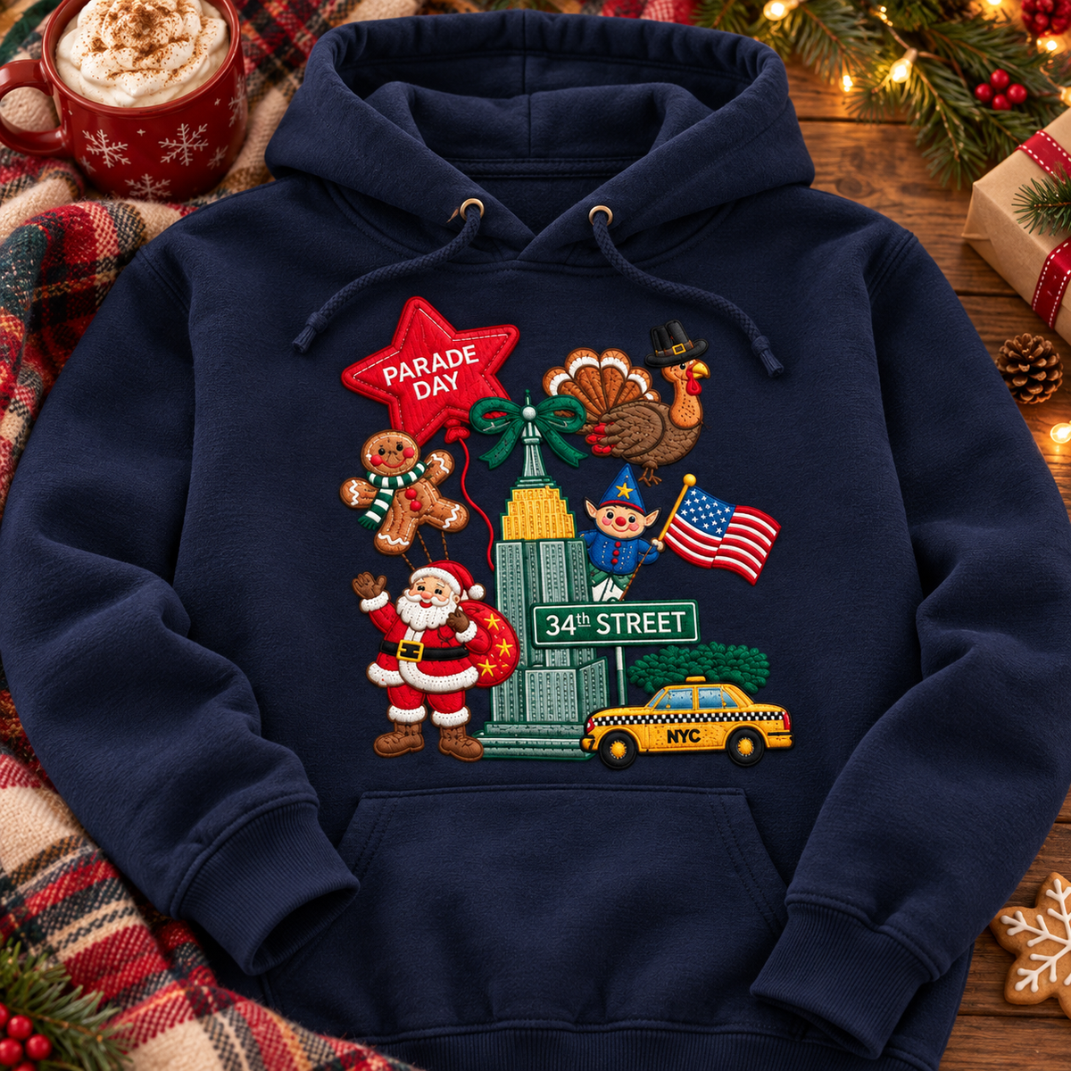 Thanksgiving Parade Embroidered Sweatshirt & Hoodie – NYC Christmas Graphic Crewneck Pullover, Santa Claus, Turkey, Gingerbread Man & American Flag Design, Cozy Holiday Outfit, Thanksgiving Gift
