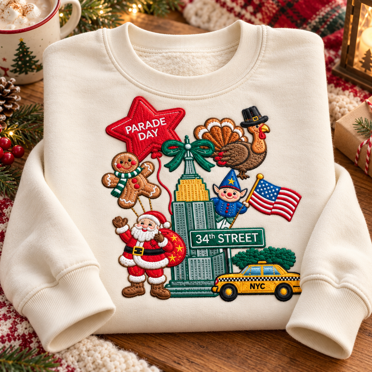 Thanksgiving Parade Embroidered Sweatshirt & Hoodie – NYC Christmas Graphic Crewneck Pullover, Santa Claus, Turkey, Gingerbread Man & American Flag Design, Cozy Holiday Outfit, Thanksgiving Gift