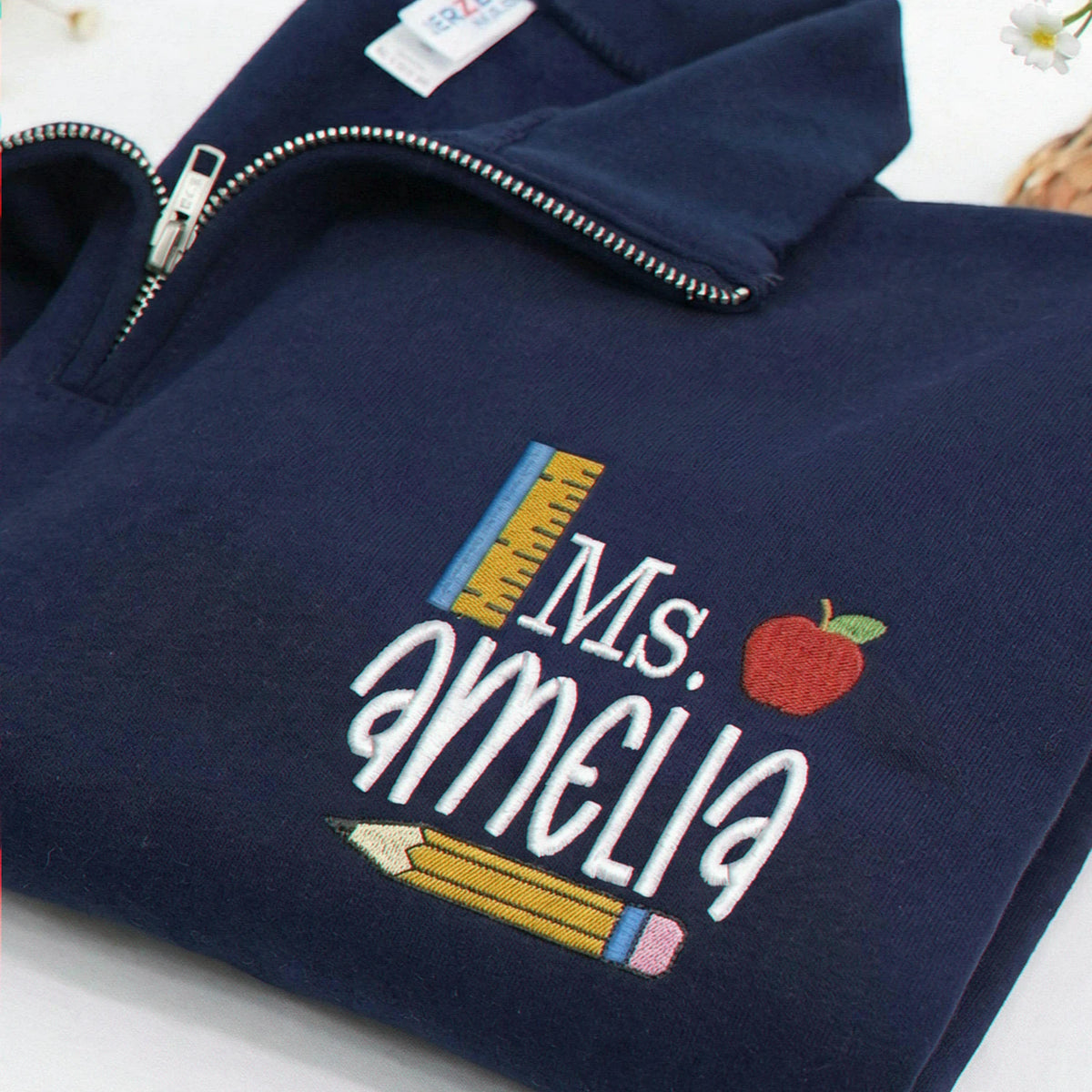 Personalized Teacher Quarter Zip for Birthday Mom - Embroidered Name 1/4-Zip Sweatshirt & School Icon - Appreciation Gift - image 1