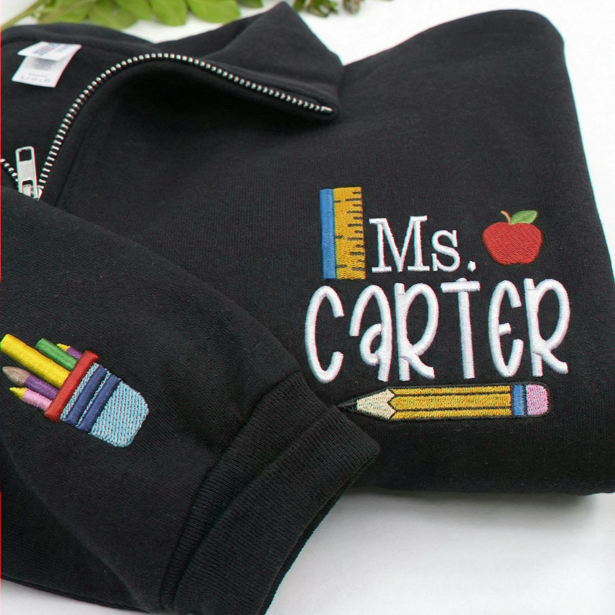 Personalized Teacher Quarter Zip for Birthday Mom - Embroidered Name 1/4-Zip Sweatshirt & School Icon - Appreciation Gift - image 2