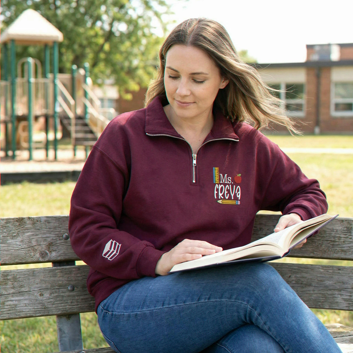 Personalized Teacher Quarter Zip for Birthday Mom - Embroidered Name 1/4-Zip Sweatshirt & School Icon - Appreciation Gift - image 3