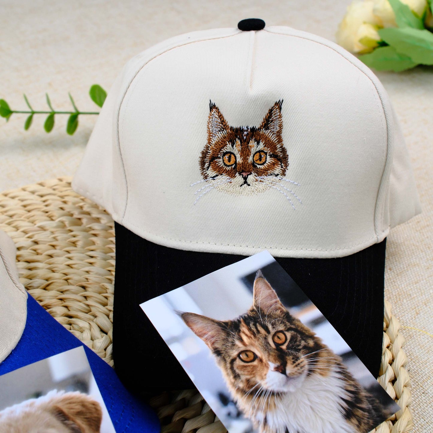 Personalized Cat Face Embroidered Two-Tone Baseball Cap with Name, Custom Cat Photo Hat, Cat Mom Gift, Cat Dad Gift
