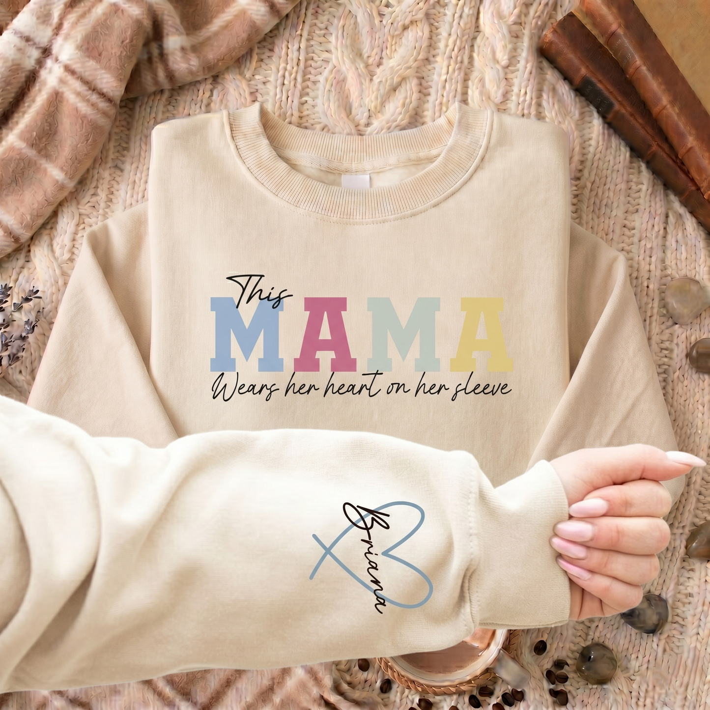 Personalized MAMA Wears Her Heart On Her Sleeve Sweatshirt/Hoodie