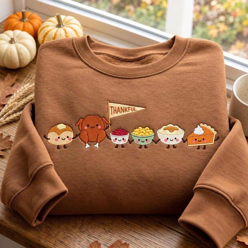 Embroidered Thanksgiving Doodle Sweatshirt, Happy Thankful Crewneck, Cute Turkey Pie and Coffee Graphic Pullover, Fall Holiday Gift