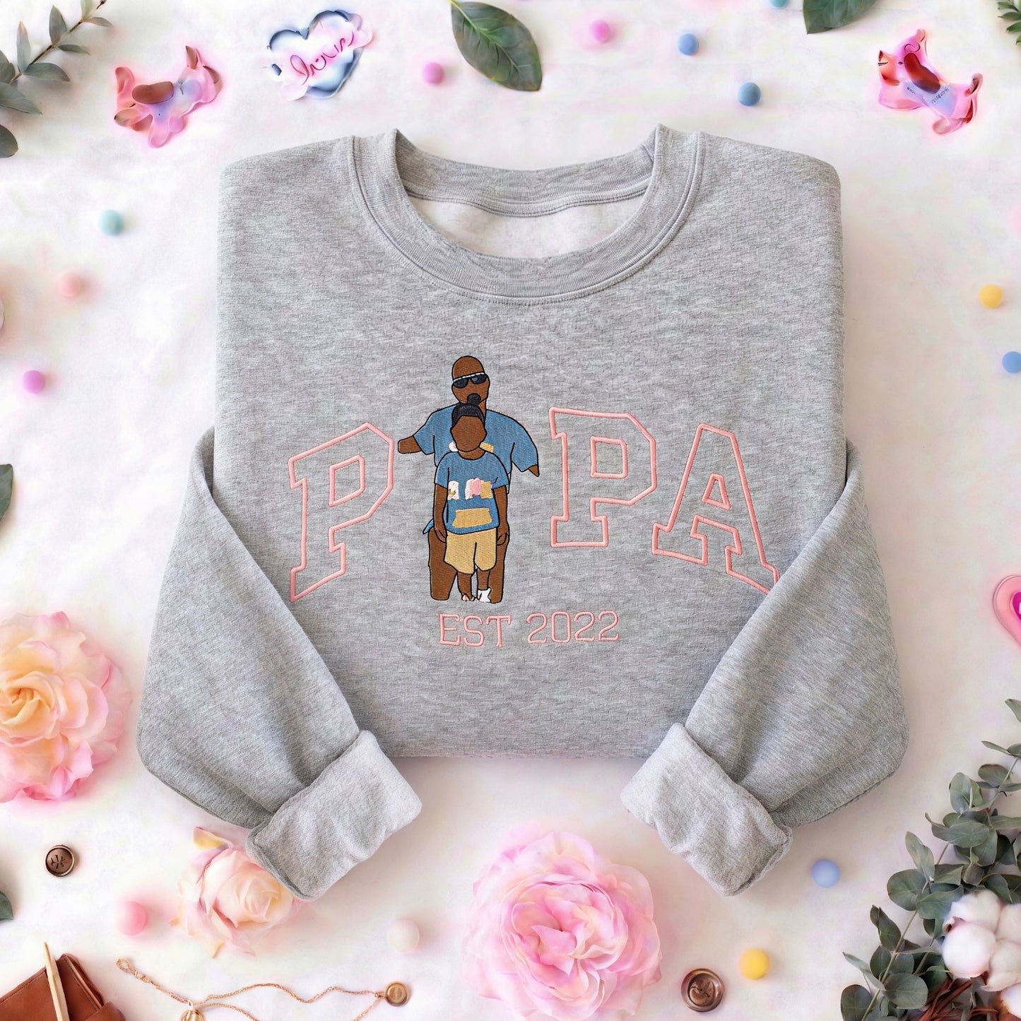 Custom Gift for Dad with Embroidered Papa Wears His Heart on Him Sleeve, Photo Portrait Sweatshirt or Hoodie