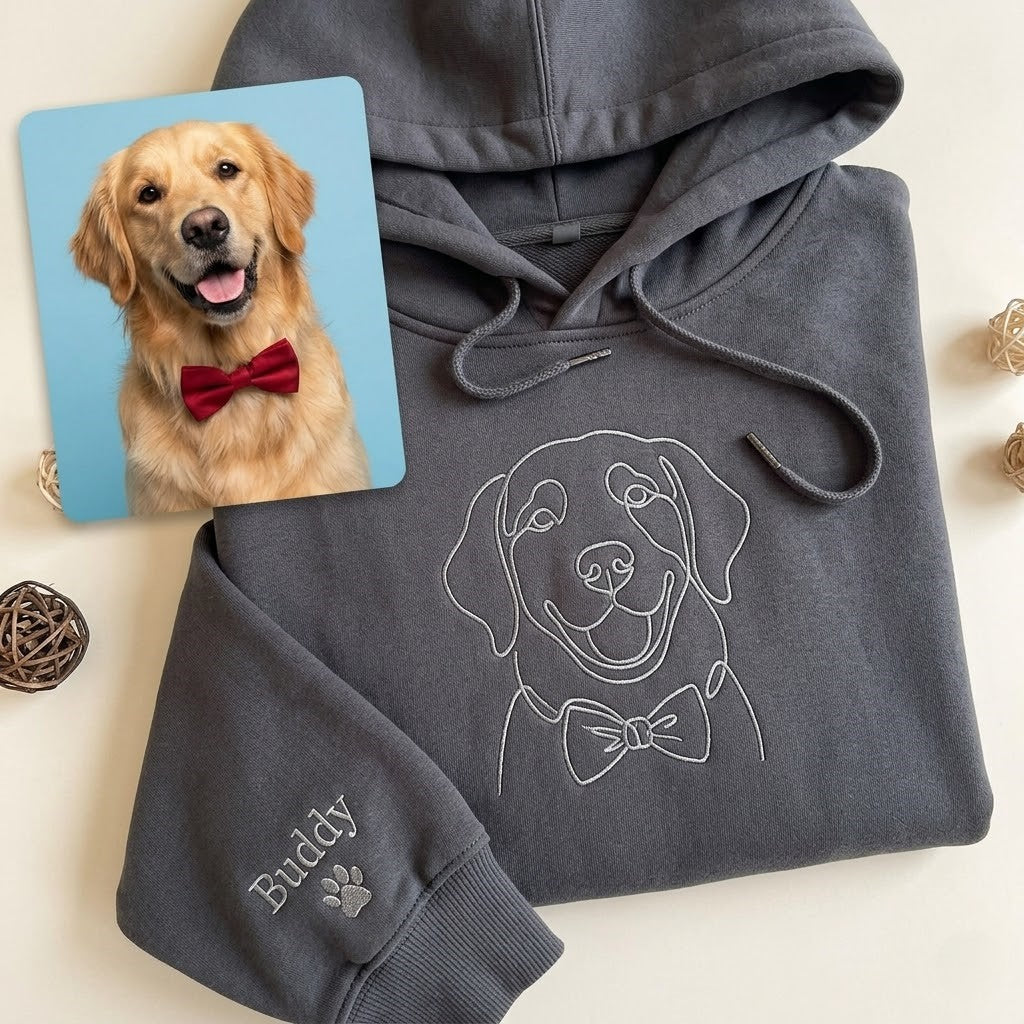 Custom Embroidered Hoodie Pet Line Drawing with Pet Portraits