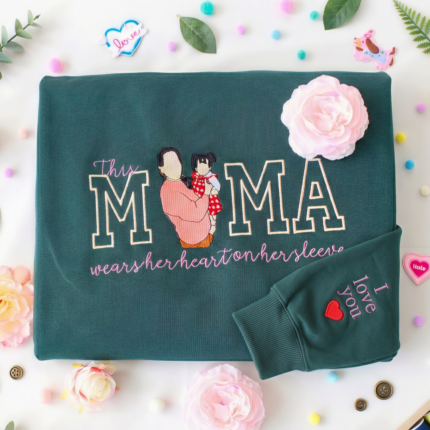 Custom Gift for Mom with Embroidered Mama Wears Her Heart on Her Sleeve, Photo Portrait Sweatshirt or Hoodie