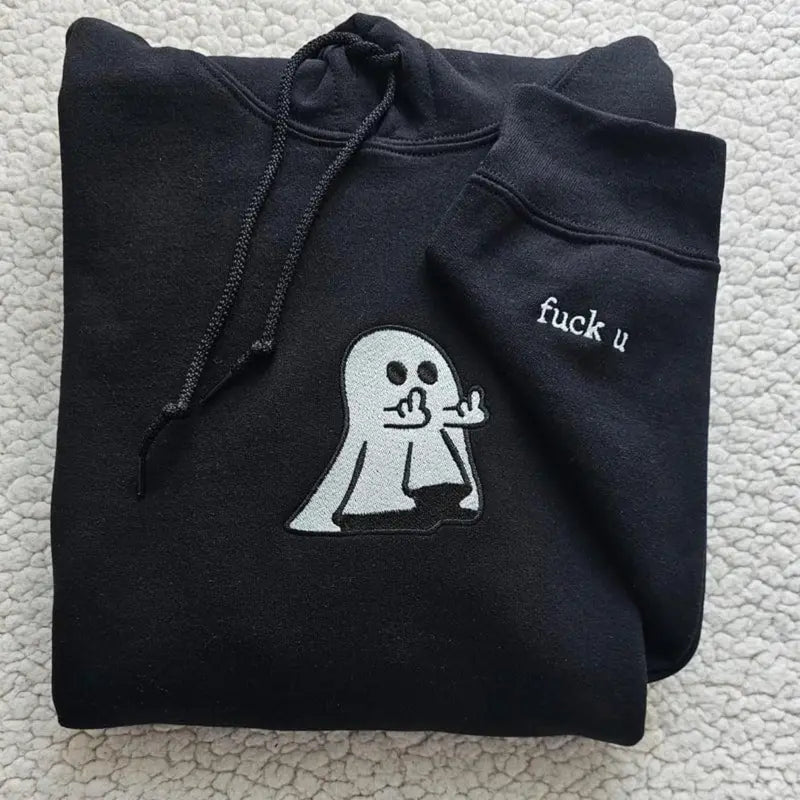 Ghost Middle Finger Embroidered Hoodies, Funny Matching Sweatshirt, Cute Embroidered Ghost Design, Halloween Shirt for Lovers