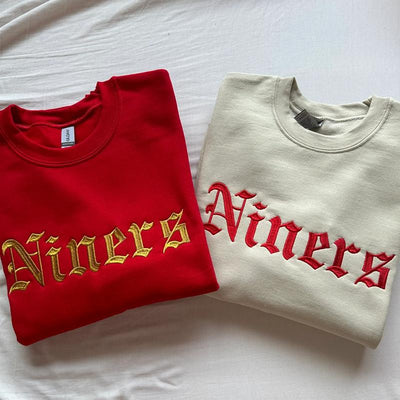 Niners Retro Gothic Embroidered Sweatshirt, Red and Gold Game Day Crewneck, Vintage Sporty Pullover