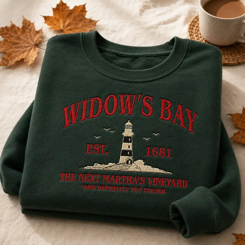 Widow's Bay Tourist Embroidered Sweatshirt, Vintage Haunted Town Travel Pullover, Funny Retro Horror Crewneck, Spooky Season Gift