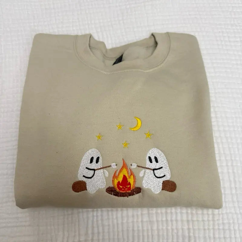 Cute Camping Ghost Embroidered Sweatshirt /Hoodie/Tshirt– Cozy Halloween Campfire Crewneck Pullover