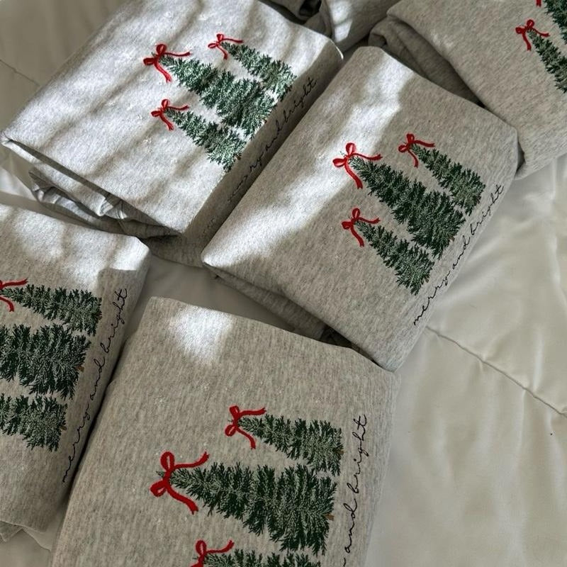 Merry & Bright Christmas Tree Embroidered Sweatshirt Festive Embroidery Pullover Crewneck