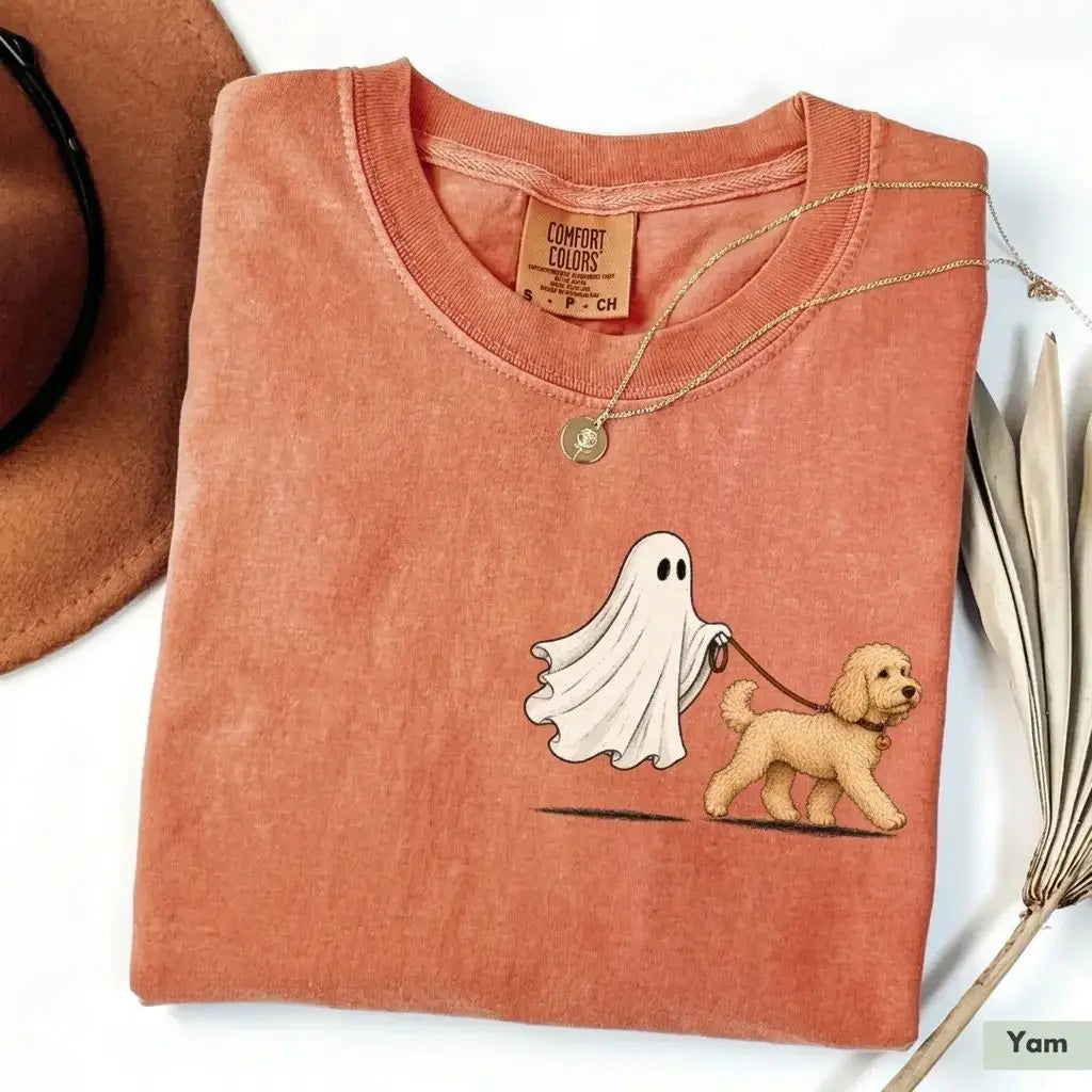 Off to Walk My Dog - Personalized Halloween Pet Shirt, Custom Text & Pet Portrait Ghost Tee for Pet Lovers