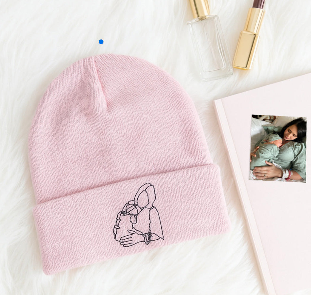 Custom Mom Beanie with Embroidered Portrait from Photo, Personalized Mother's Day Gifts