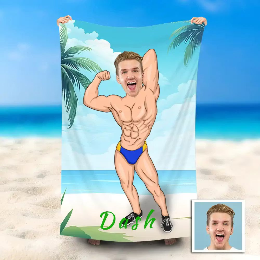 Personalized AI Cartoon Beach Towel | Custom Photo, Name & Sports Theme Gift