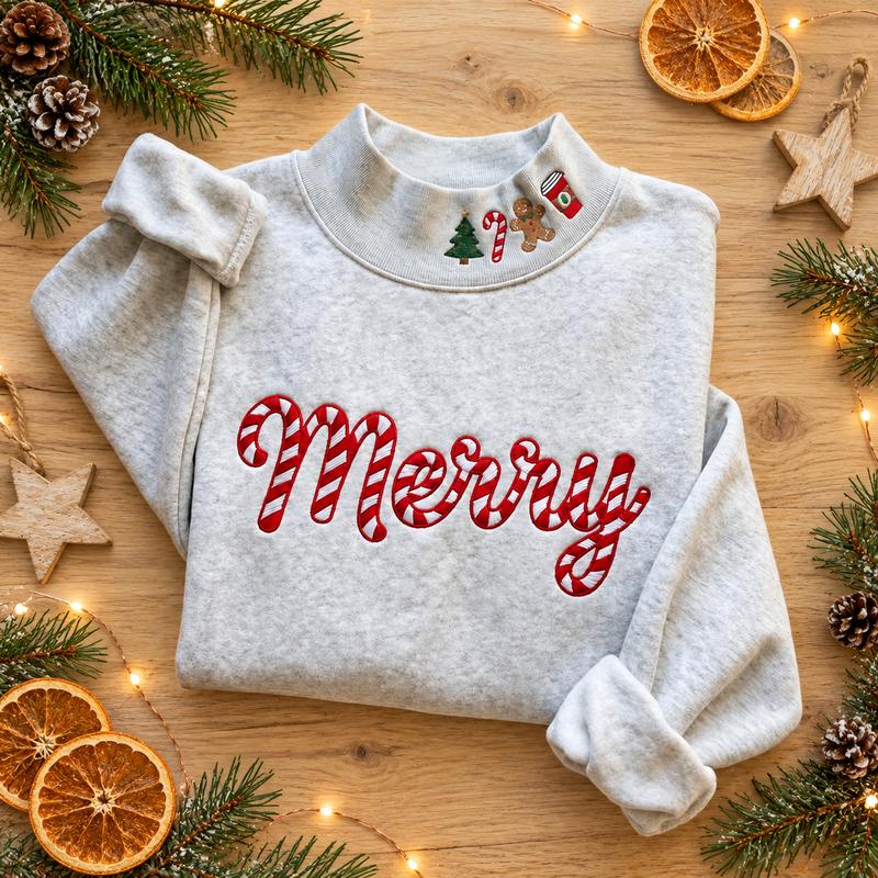 Embroidered Merry christmas  Mockneck Sweatshirt, Christmas Candy Cane Crewneck, Cozy Holiday Sweater, gift for her
