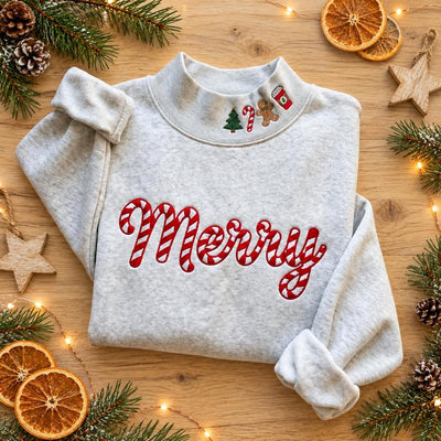 Embroidered Merry christmas  Mockneck Sweatshirt, Christmas Candy Cane Crewneck, Cozy Holiday Sweater, gift for her