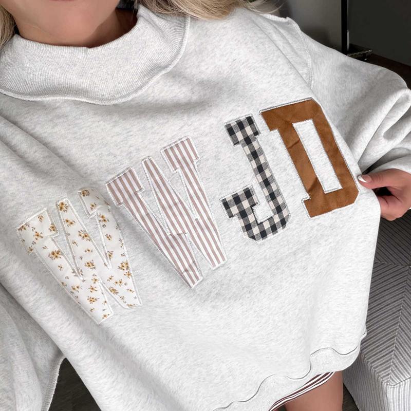 Women's WWJD Embroidered Graphic Floral Colorful Mock Neck Ribbed Sweatshirt - Comfortable Loose-Fit Cotton-Polyester Blend, Casual Medium-Length Long-Sleeve Plaid Style Pullover Top, Machine-Washable