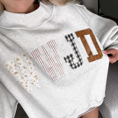Women's WWJD Embroidered Graphic Floral Colorful Mock Neck Ribbed Sweatshirt - Comfortable Loose-Fit Cotton-Polyester Blend, Casual Medium-Length Long-Sleeve Plaid Style Pullover Top, Machine-Washable