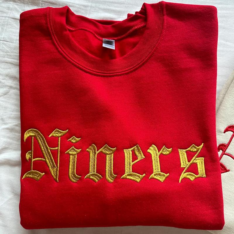 Niners Retro Gothic Embroidered Sweatshirt, Red and Gold Game Day Crewneck, Vintage Sporty Pullover