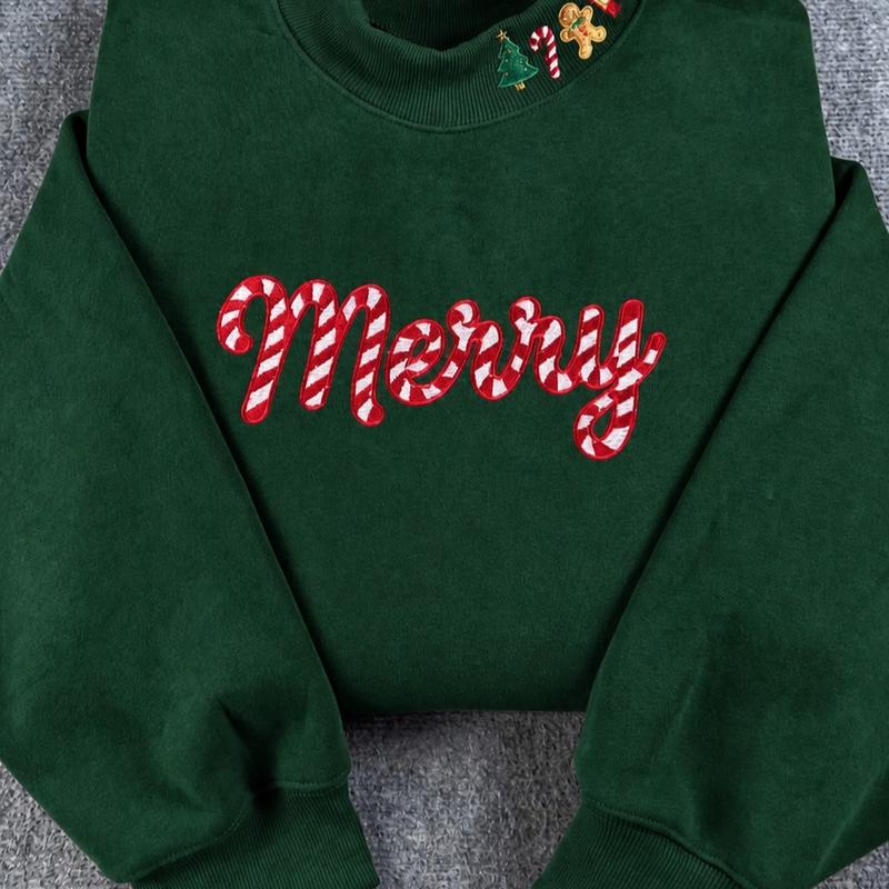 Embroidered Merry christmas  Mockneck Sweatshirt, Christmas Candy Cane Crewneck, Cozy Holiday Sweater, gift for her
