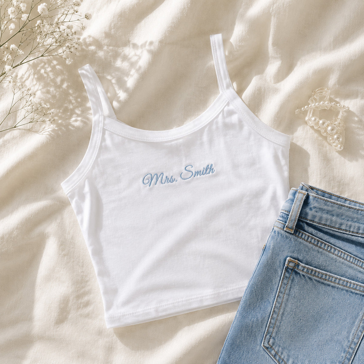 Custom Embroidered Ribbed Tank Top – Personalized Name, Text & Design | Bridal Party, Beach Vacation & Pajama Top