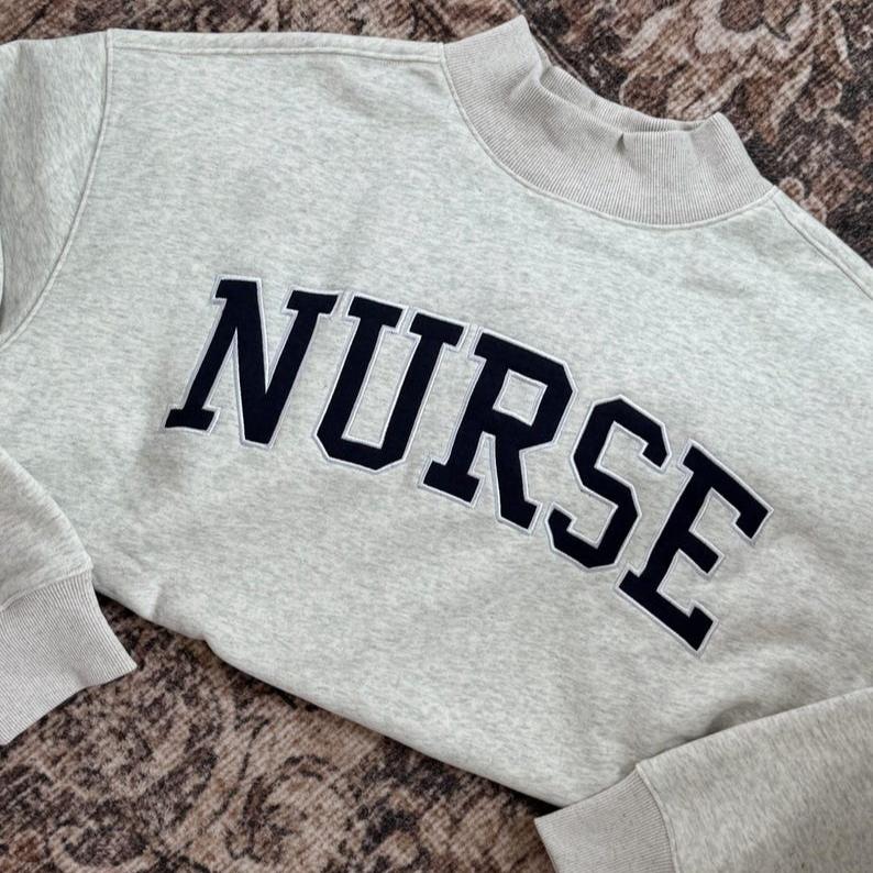 Embroidered NURSE Varsity Font Mock-Neck Sweatshirt | Nurse Mockneck Embroidery - Sweatshirt - Hoodie