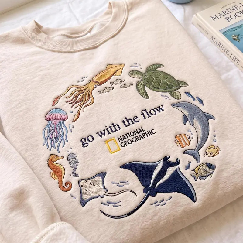 Embroidered Go With The Flow Sweatshirt, Ocean Shirt, Marine Animals Shirt, Marine Life Gifts, Aquarium Lover Gift, Coastal Pullover, Classic Styles, Never Go Out of Fashion, Vintage Fashion, Classic Styles for Everyone