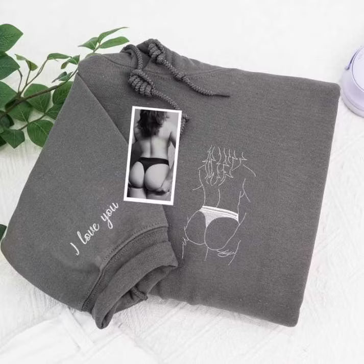 Spicy Custom Embroidered Hoodie – Personalized Couple Line Art, Romantic Anniversary Gift 🍑