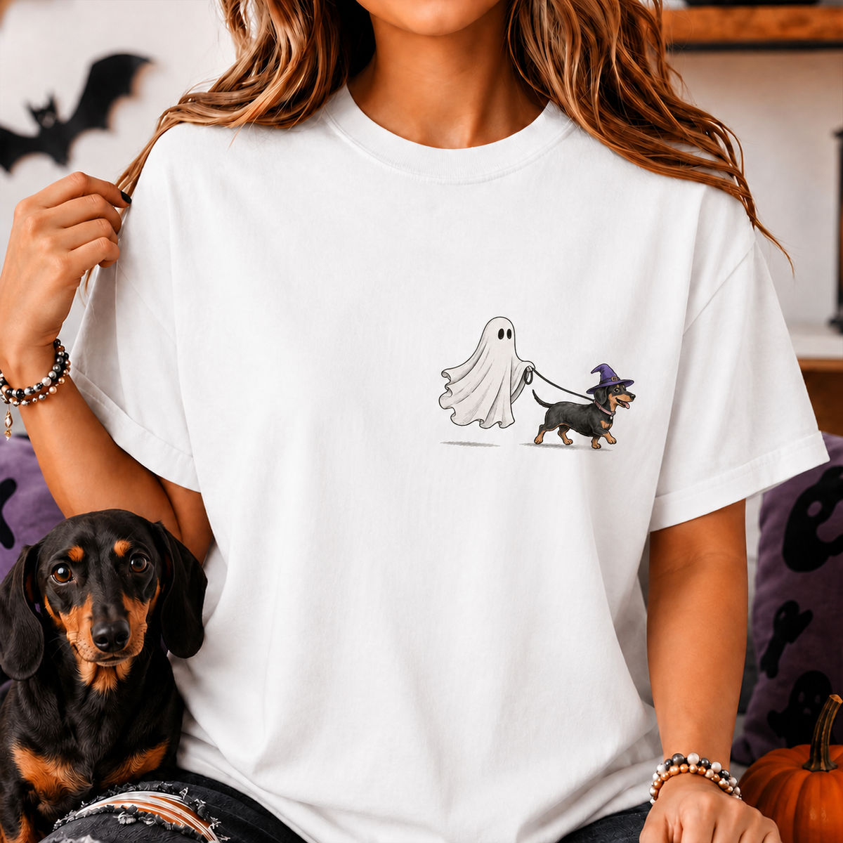 Custom Pet Ghost Walking Dog Halloween Shirt, Personalized Pet Photo Comfort Colors Tee, Printed or Embroidered, Funny Spooky Dog Lover Gift