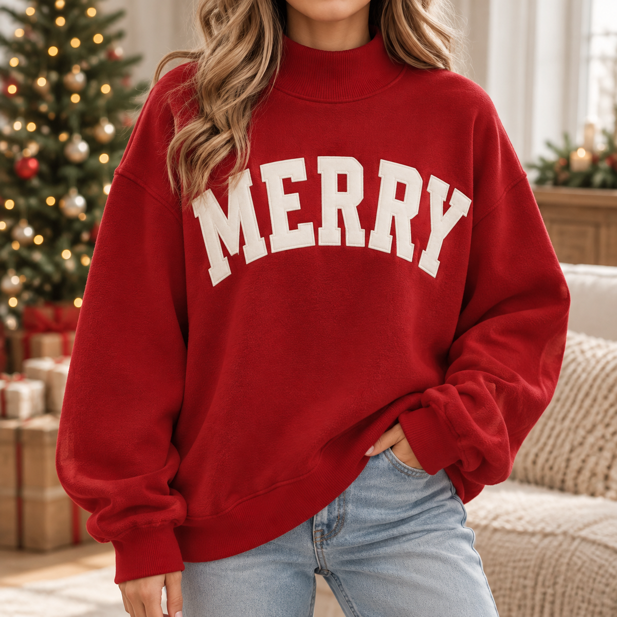 Merry Christmas Outline Letter Sweatshirt & Hoodie – White Red Graphic Mock Neck Pullover, Vintage Cozy Winter Holiday Gift