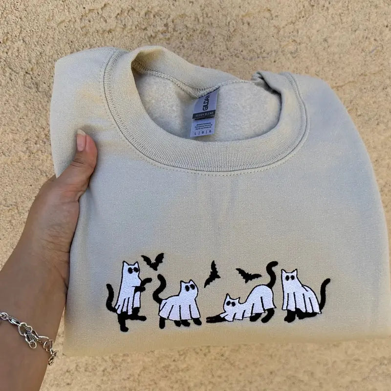 Embroidered Halloween Ghost Cat Sweatshirt