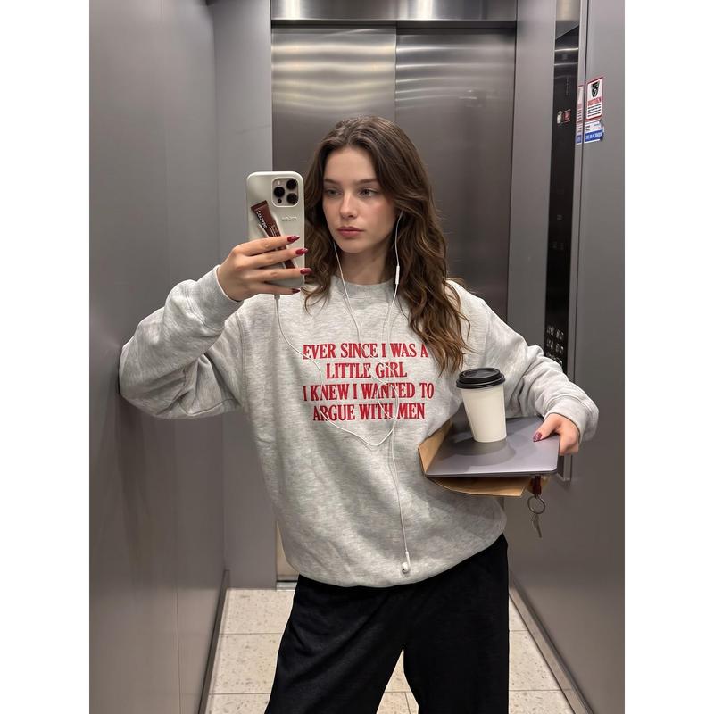 Embroidered Hoodie - "Ever Since I Was A Little Girl I Knew I Wanted To Argue With Men" Funny Sarcastic Girl Power Pullover Tops, Feminist Quote T-Shirt, Casual, Classic Fit, Feminist Quotes, Cold Wash, Hoodie