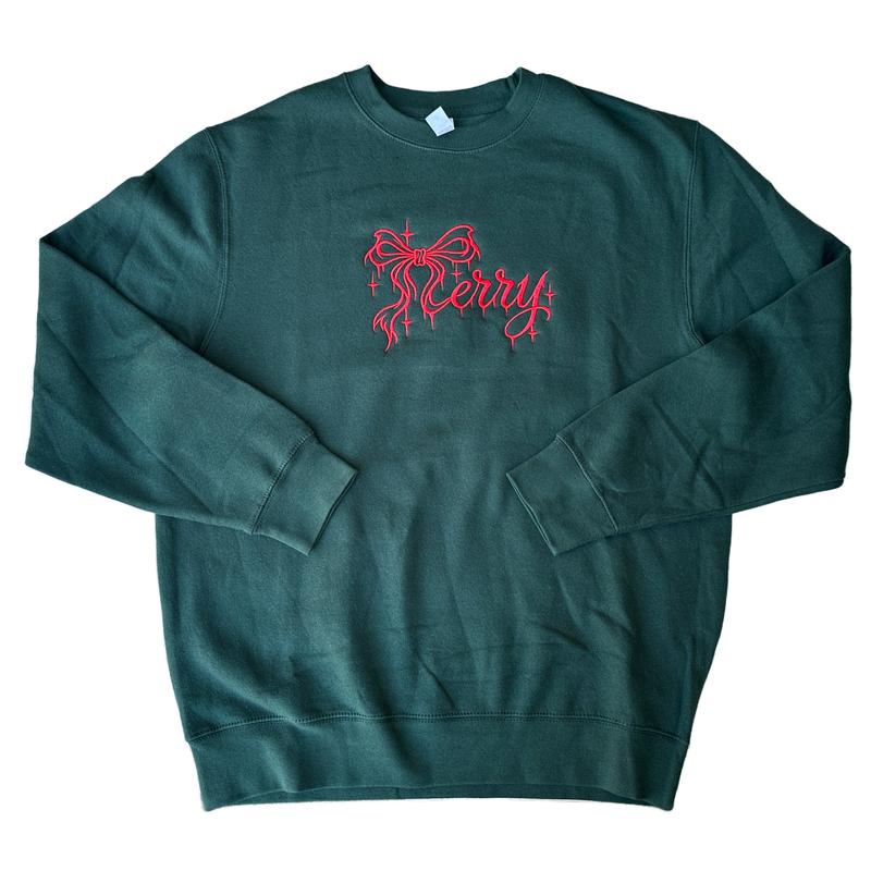 Merry Bow Embroidered Christmas Sweatshirt & Hoodie – Cute Holiday Crewneck Pullover, Coquette Christmas Style, Festive Gift for Women