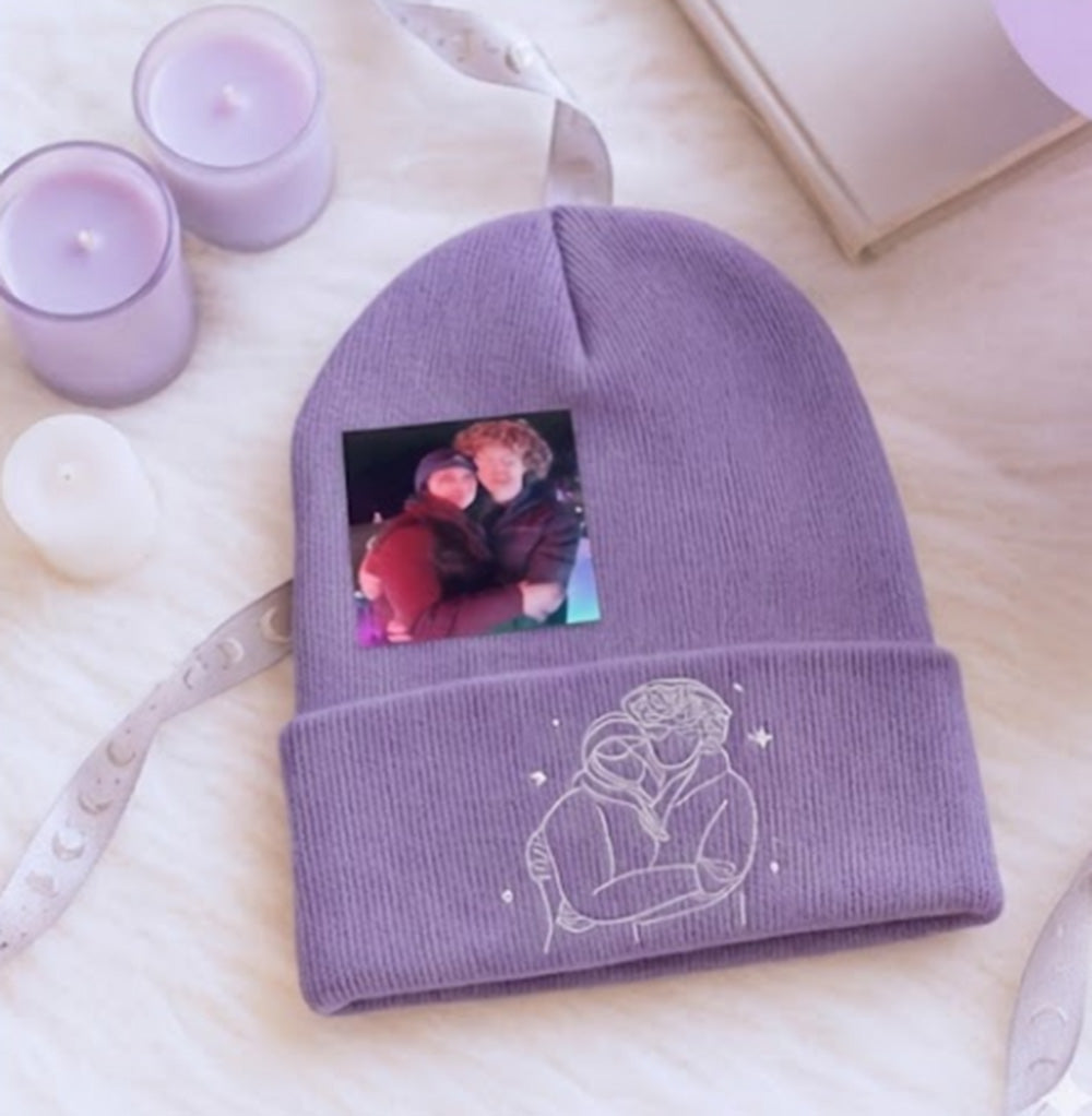Custom Couple Beanie with Embroidered Portrait from Photo, His and Her Anniversary Gifts