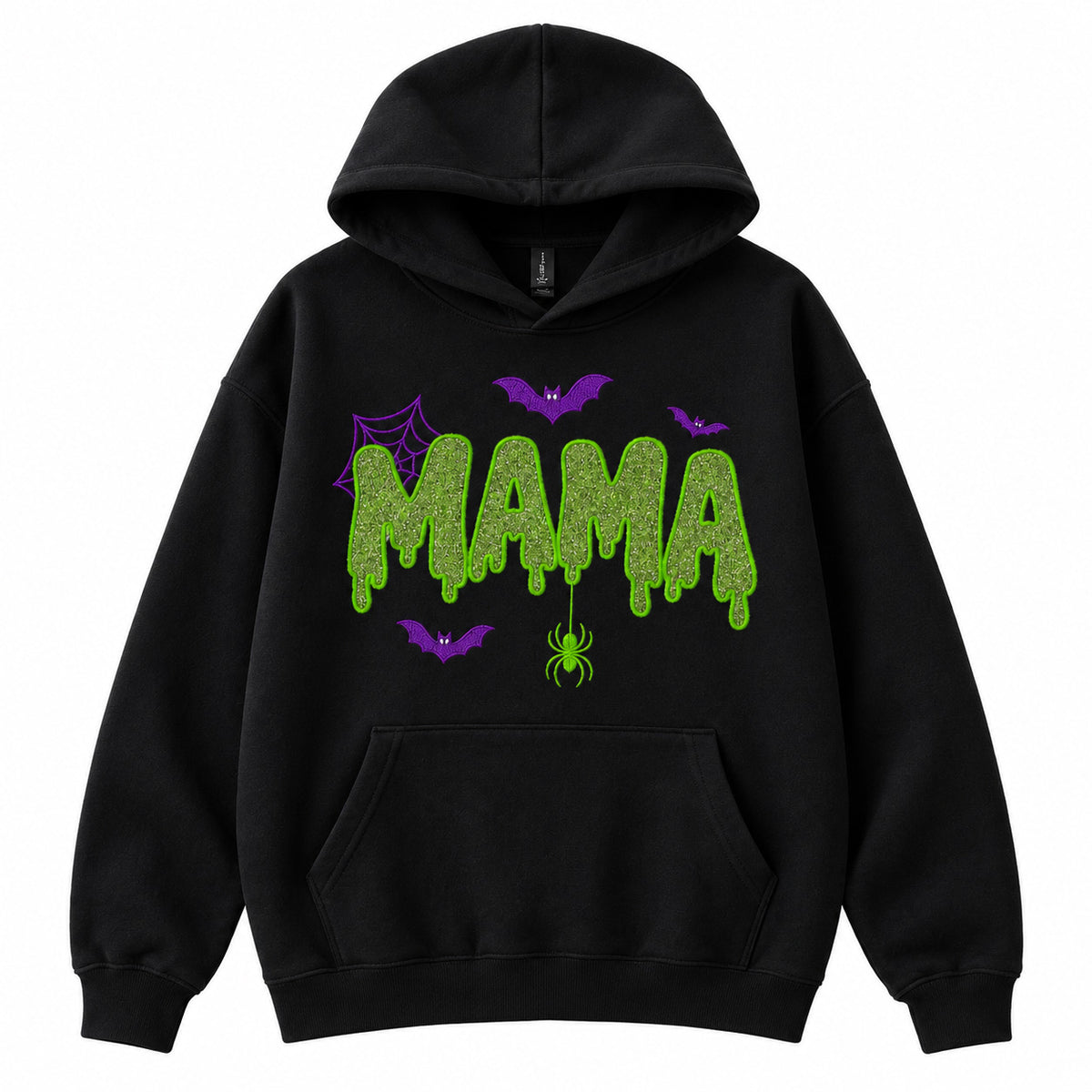 Halloween Mama Glitter Embroidered Sweatshirt/Hoodie – Spooky Mom Crewneck with Bats & Spider Web