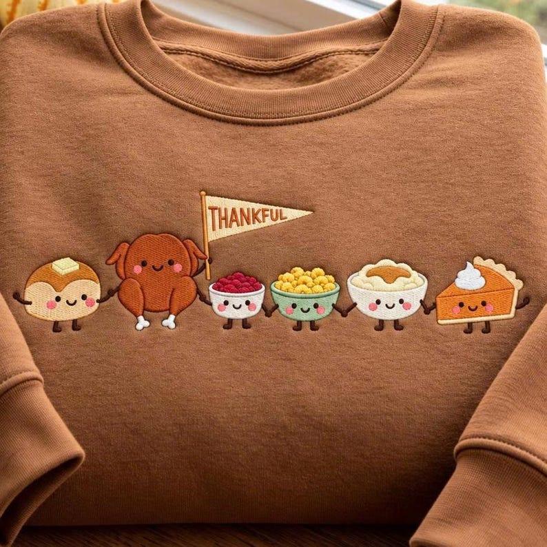 Embroidered Thanksgiving Doodle Sweatshirt, Happy Thankful Crewneck, Cute Turkey Pie and Coffee Graphic Pullover, Fall Holiday Gift