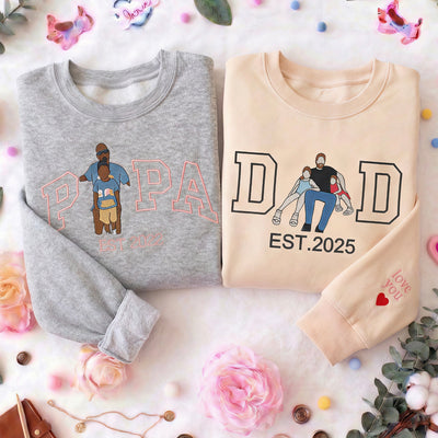 Custom Gift for Dad with Embroidered Papa Wears His Heart on Him Sleeve, Photo Portrait Sweatshirt or Hoodie
