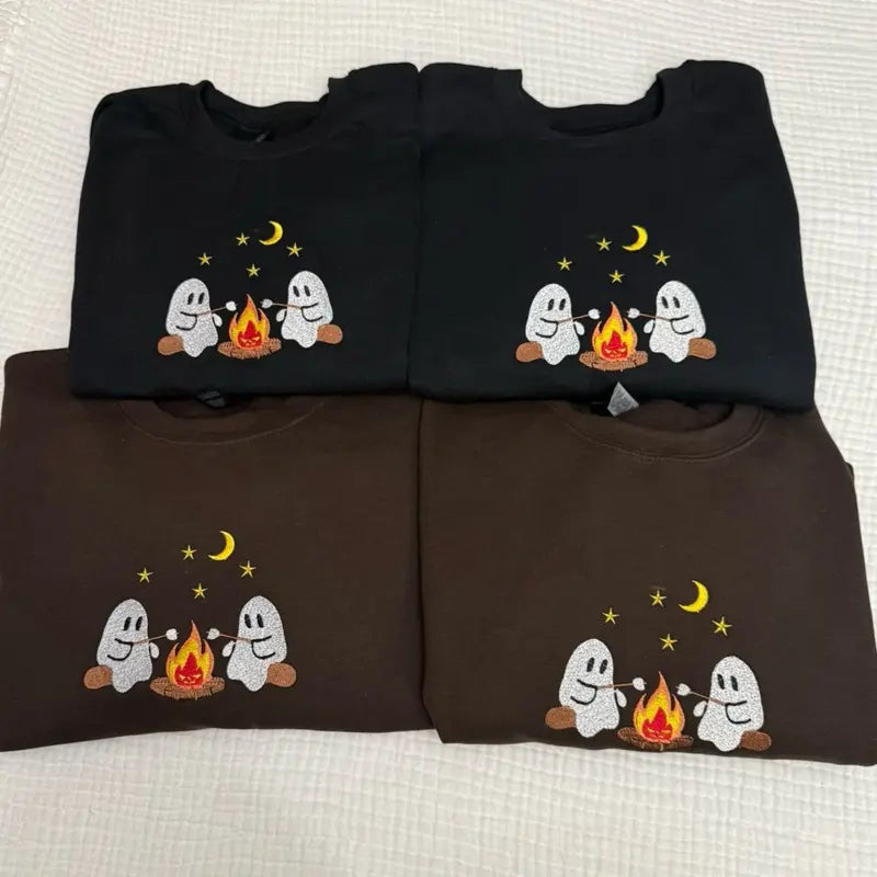 Cute Camping Ghost Embroidered Sweatshirt /Hoodie/Tshirt– Cozy Halloween Campfire Crewneck Pullover