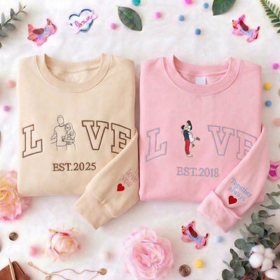 Personalized Embroidered Photo Couple LOVE EST Year Sweatshirt/Hoodie