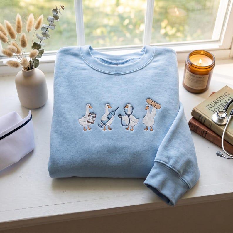 Funny Medical Ducks Embroidered Hoodie & Sweatshirt, Cute Doctor Nurse Crewneck, Medical Student Gift, Healthcare Worker Gift