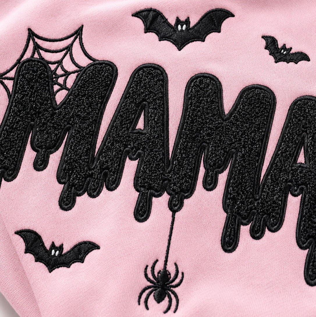 Halloween Mama Glitter Embroidered Sweatshirt/Hoodie – Spooky Mom Crewneck with Bats & Spider Web