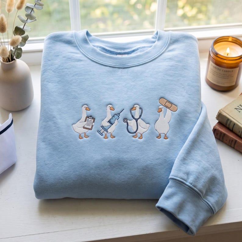 Funny Medical Ducks Embroidered Hoodie & Sweatshirt, Cute Doctor Nurse Crewneck, Medical Student Gift, Healthcare Worker Gift