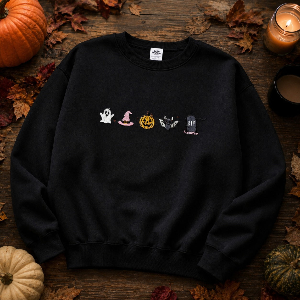 Cute Halloween Icons Embroidered Sweatshirt – Pumpkin Ghost Fall Crewneck & Hoodie