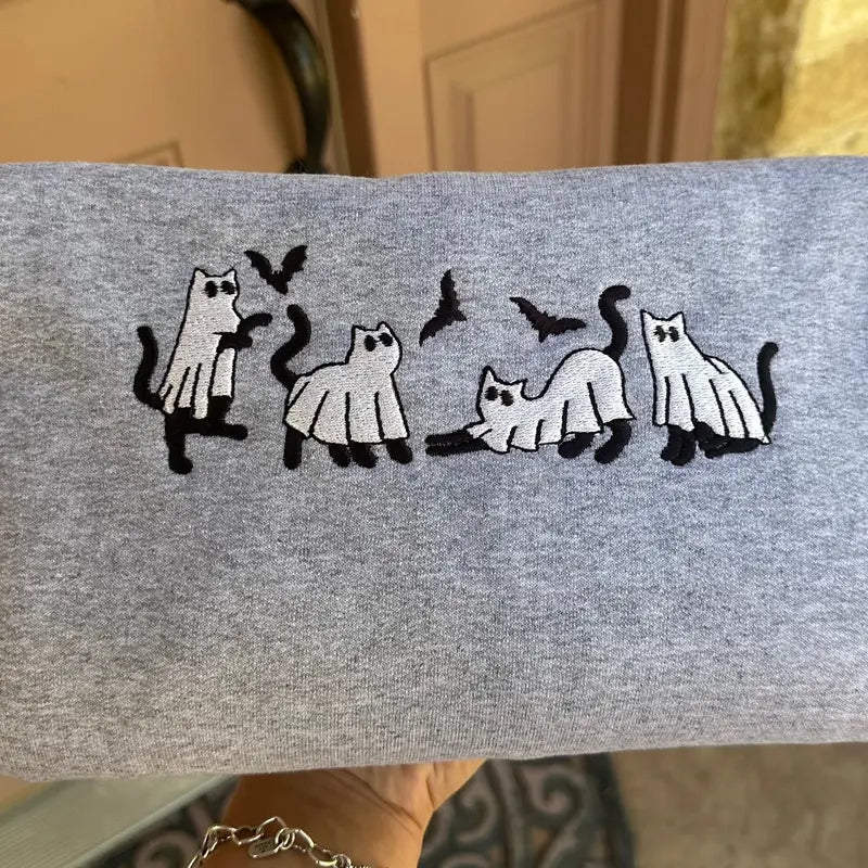 Embroidered Halloween Ghost Cat Sweatshirt