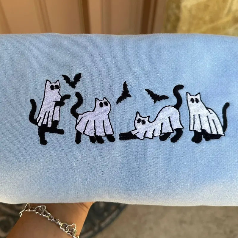 Embroidered Halloween Ghost Cat Sweatshirt